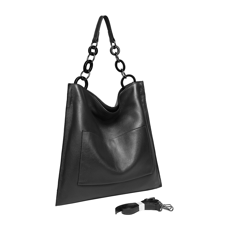 Black Cowhide Real Leather Slouchy Shoulder Purse LH2716